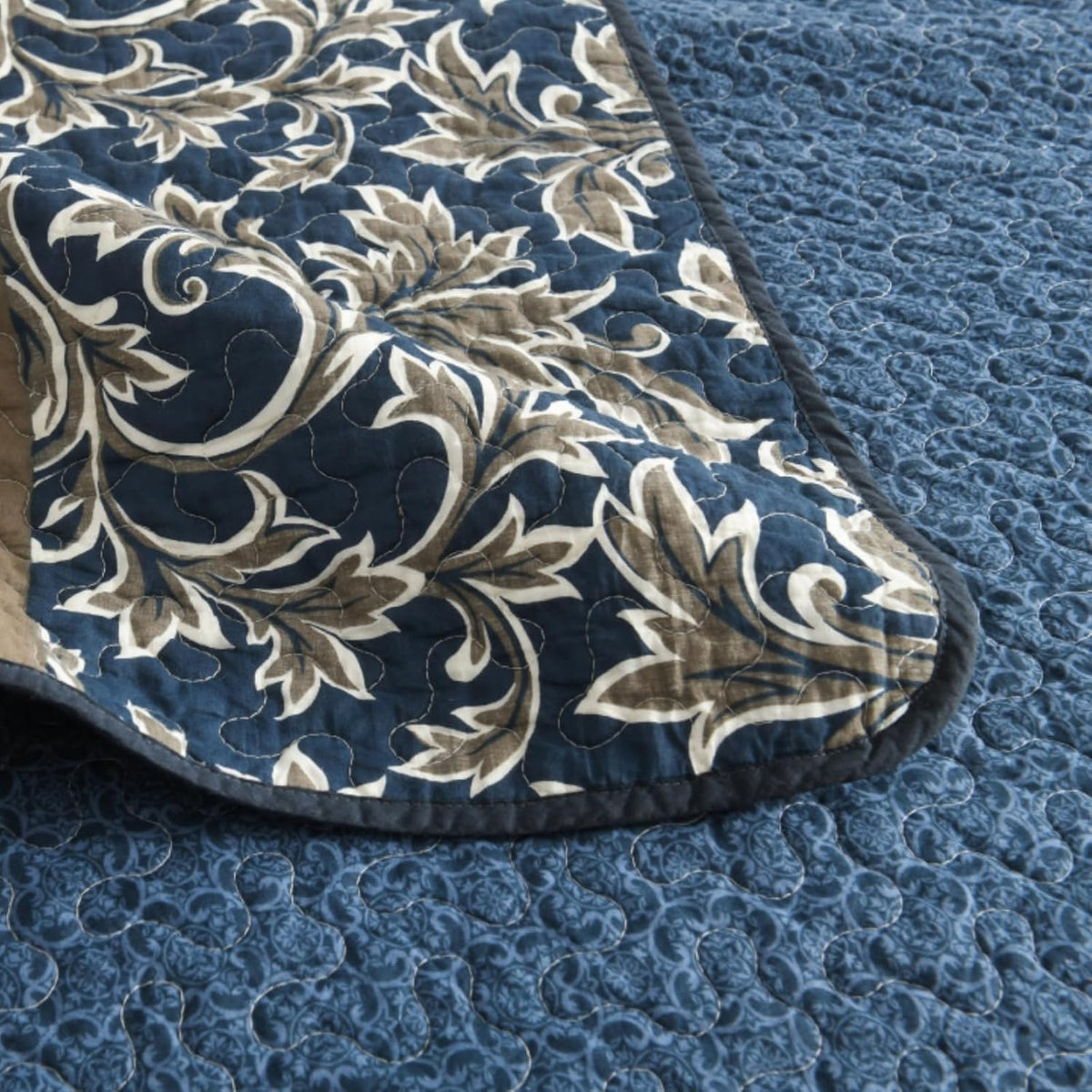 Uniclinens 100% Cotton Quilts Queen Size, Lightweight Botanical Striped Queen Quilt Bedding Set, Vintage Chic Reversible Quilted Bedspreads Coverlet Set, All Season, 3 Pieces, Navy Blue/Gray/Kharki