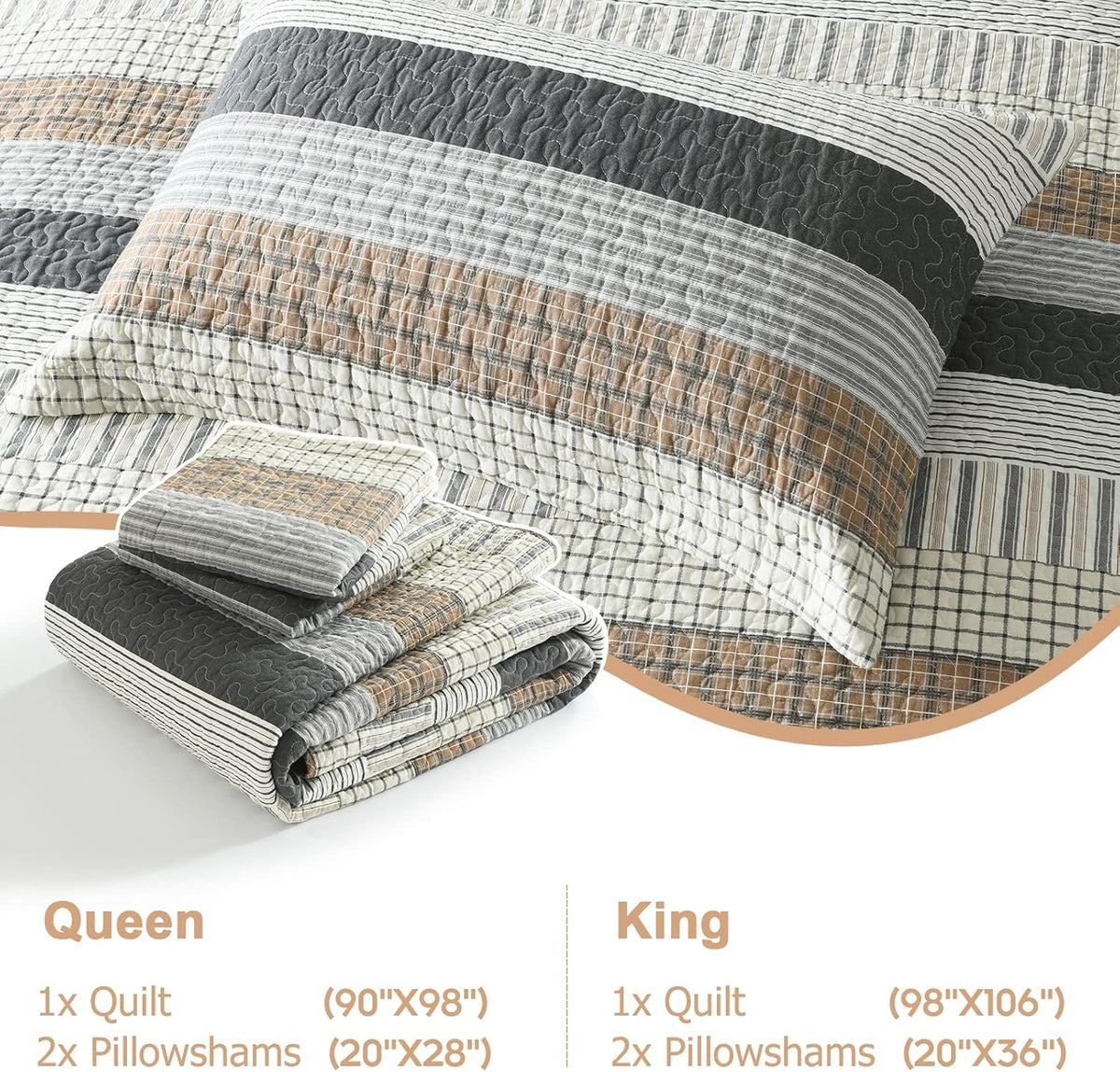 Finlonte 100% Cotton King Size Quilt Set, Patchwork Striped King Quilt Bedding Set Farmhouse Bedspread, Lightweight Quilted Comforter Reversible Bed Spread for All Season, White/Brown/Grey, 3 Pieces
