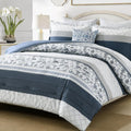 DDUOXIN Blue Queen Size Comforter Set - Boho Navy Striped Comforter Bedding Set, Floral Pattern Soft Duvet Insert, Reversible Skin Friendly Comforters with 2 Pillowshams, Blue/White