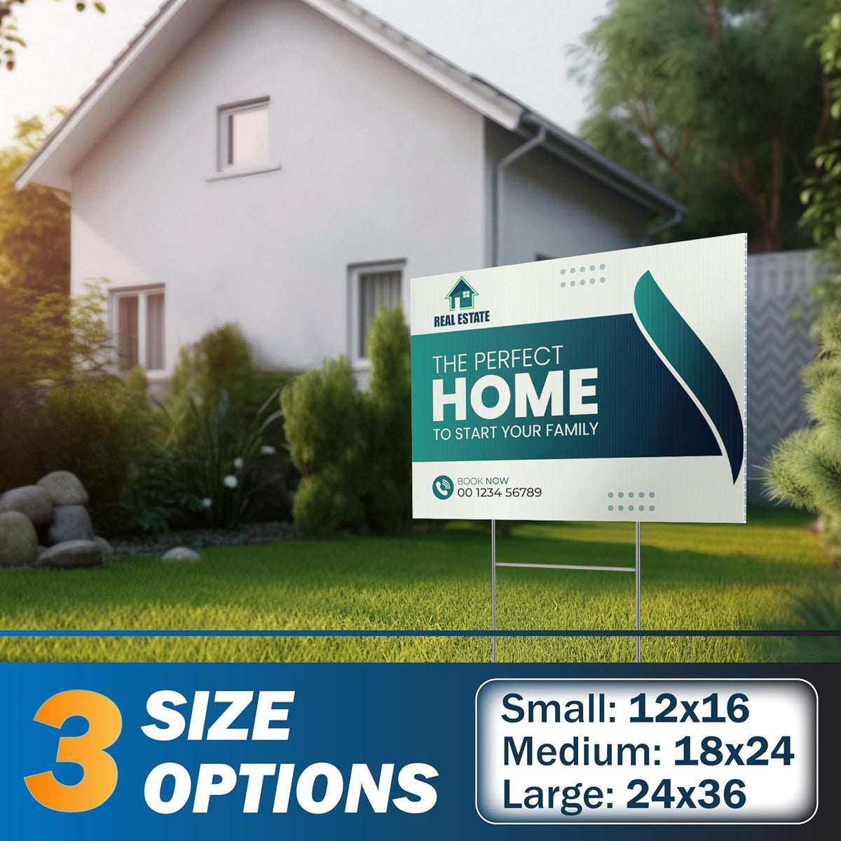 Pack of 50, Custom Yard Sign - Upload Your Design, 3 Sizes, 35 Backgrounds, 20 Fonts - Double Side Option - 4mm Coroplast, DIY Yard Sign with H Stake - Real Estate Signage