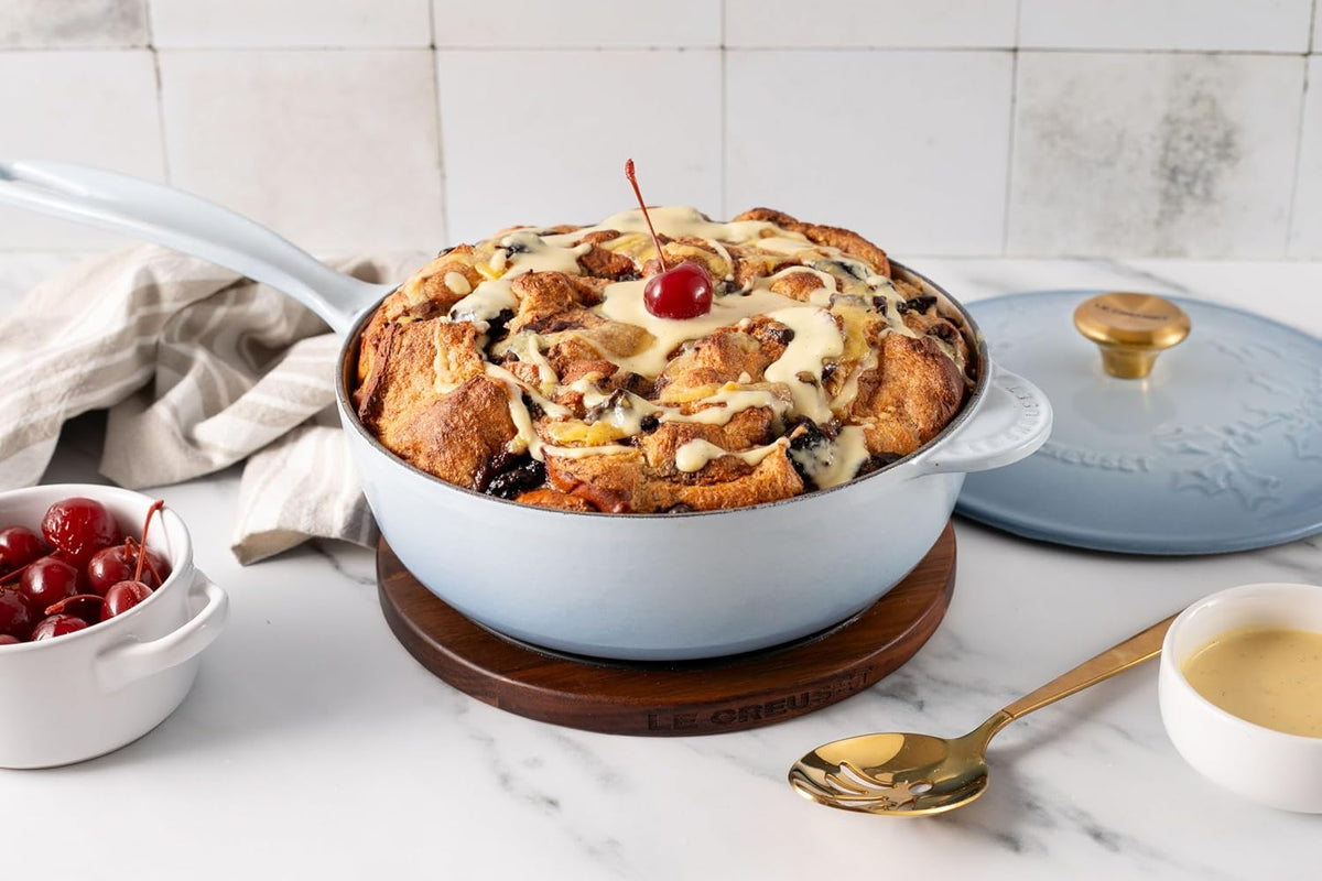 Le Creuset Enameled Cast Iron Holly Collection Traditional Saucier, 2.25 qt., Coastal Blue with Gold Knob