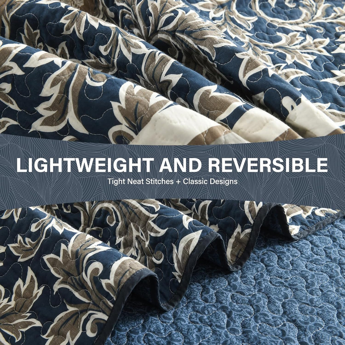 Uniclinens 100% Cotton Quilts Queen Size, Lightweight Botanical Striped Queen Quilt Bedding Set, Vintage Chic Reversible Quilted Bedspreads Coverlet Set, All Season, 3 Pieces, Navy Blue/Gray/Kharki
