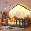 Twin Size House Bed for Kids, Low Profile Montessori Bed Twin with High Railings, Wood House Shape Montessori Beds with Light & Roof for Kids, Gray