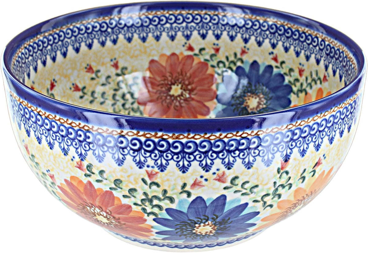 Blue Rose Polish Pottery - Orange Autumn Burst Large Mixing Bowl - 10 Cup Capacity - Polish Pottery Ceramic Bowl for Baking, Mixing & Serving