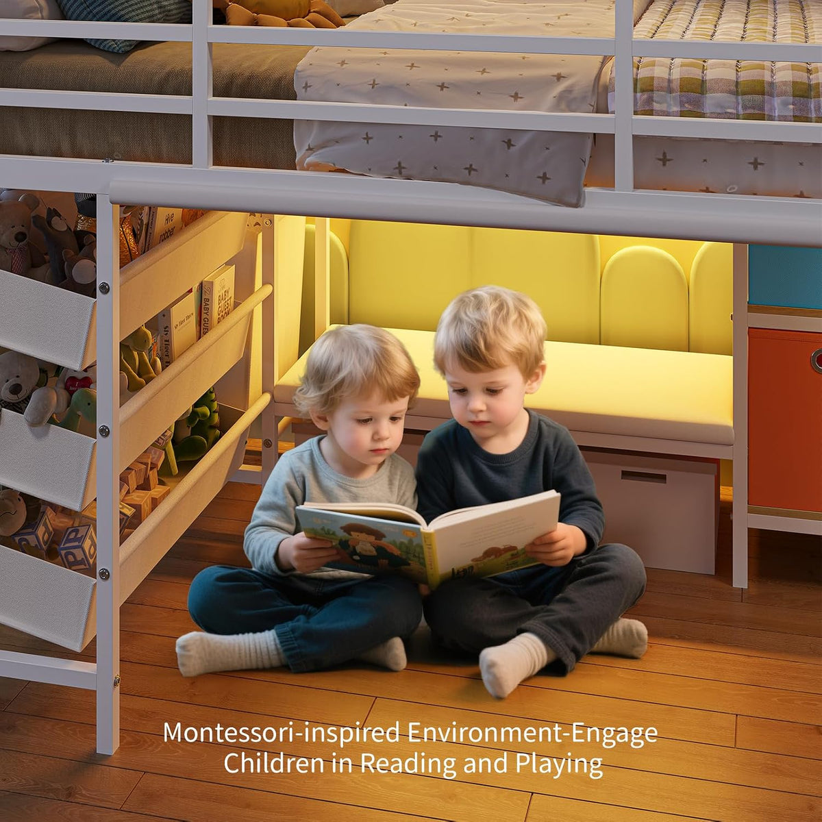 DICTAC Low Loft Bed Twin Size with Reading Corner Metal Twin Loft Bed with LED Lights,Sling Drawers and Bookshelf,loft Bed with Storage Basket and Bins,13.98' H Safety Guardrail and Stairs,White