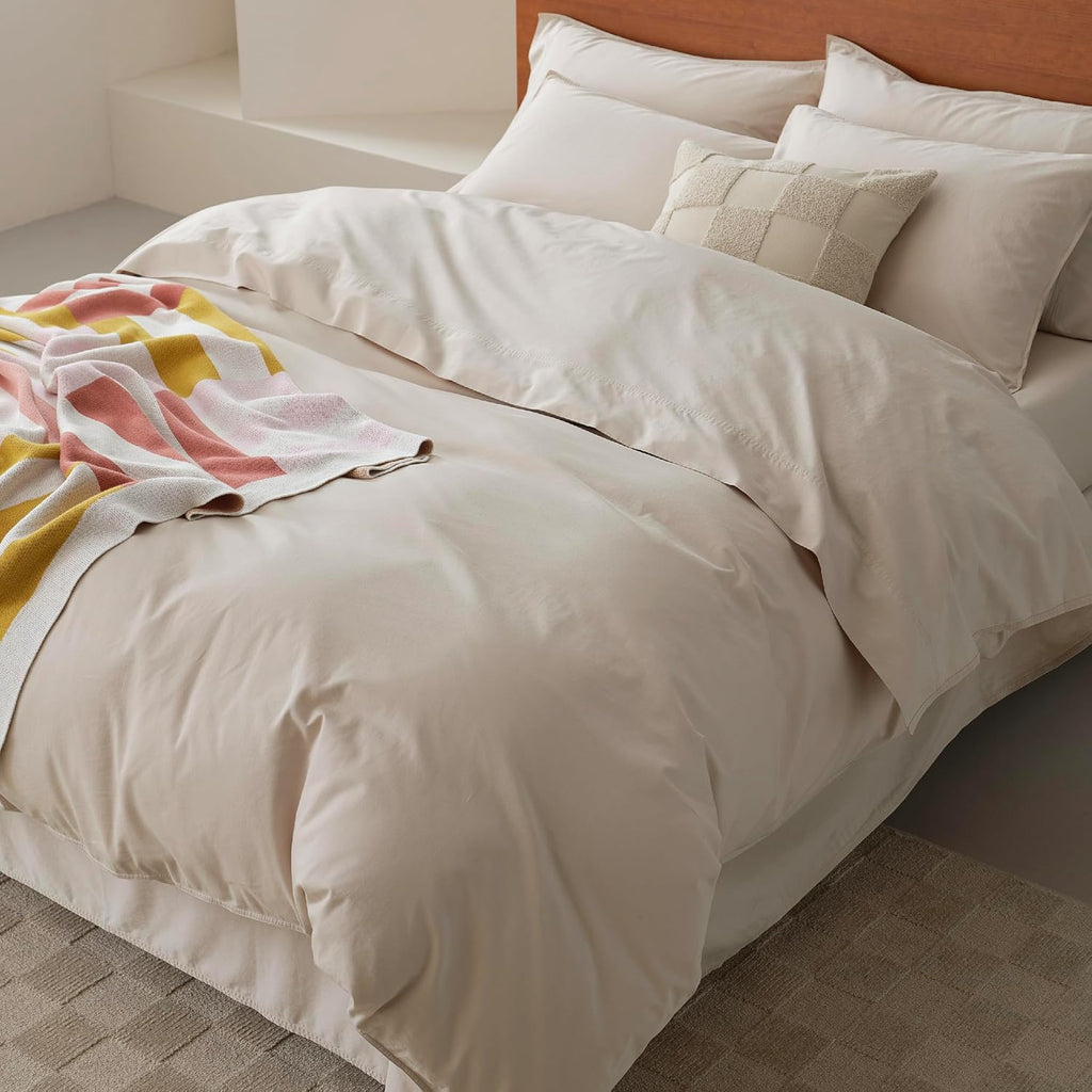 Double Stitch 100% GOTS Organic Cotton Duvet Cover, Washed Cotton King Size Duvet Covers Set, 300 TC Luxury Hotel Sateen Weave 3PCS Bedding Set, Soft Long Staple Cotton, Made in India, Warm Greige