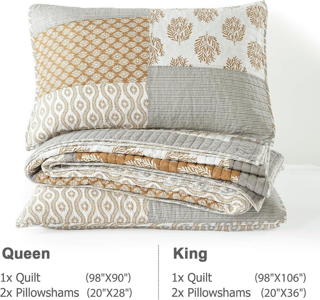 Finlonte Quilts Queen Size, 100% Cotton Queen Comforter Set, Brown Grey Farmhouse Quilted Bedspread, Patchwork Lightweight Reversible Quilt Bedding Set for Queen Bed, 3-Pieces