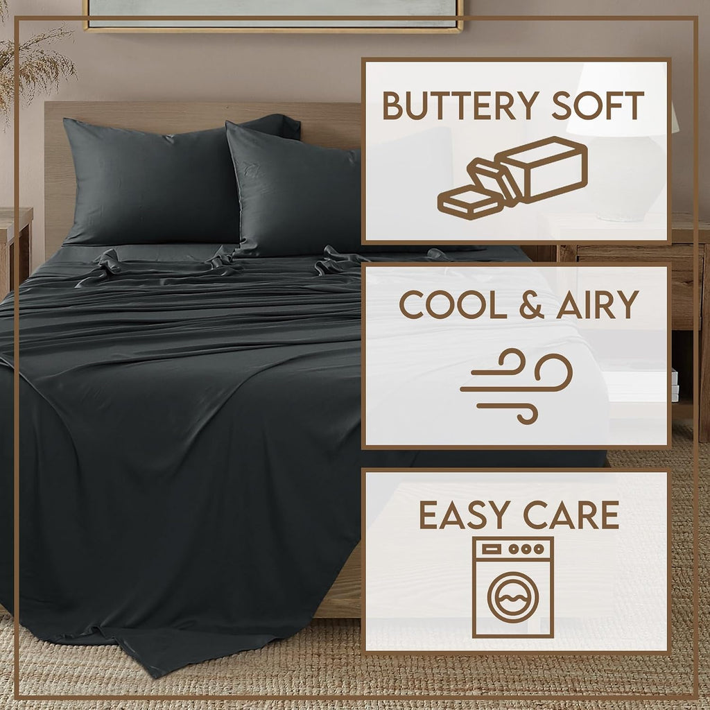 Brooklyn Loom 300 Thread Count 100% Rayon from Bamboo Charcoal 4 Piece Queen Sheet Set