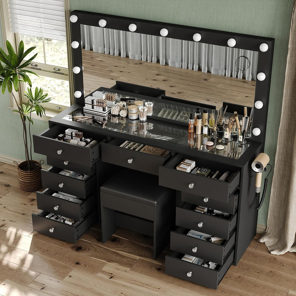 Yanosaku 11 Drawers Makeup Vanity with Charging Station, Vanity Desk with 13 LED Bulbs and HD Mirror, 3 Color Brightness Adjustable, Glass Top Vanity Set for Bedroom, Black
