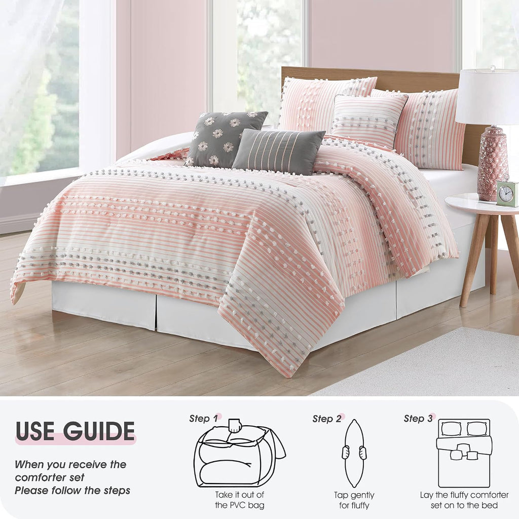 LANCO MODERN LIFESTYLE King Comforter Set, Pink, Jaquard Clip Striped Design, Elegant Soft 7 Pieces Bedding Set for All Seasons, Matching Bedskirt, Pillow Shams and Decor Pillows