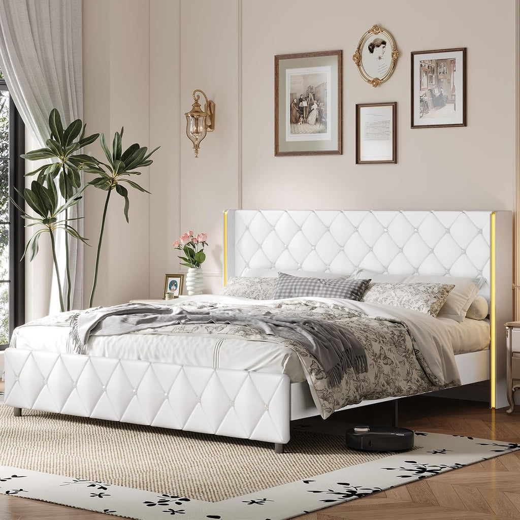 King Size Bed Frame with Headboard, Pu Leather Upholstered Bed Frame King with Diamond Tufted Wingback Headboard, 1000lbs Heavy Duty Support, Gold Metal Edge Accents, No Box Spring Needed, White