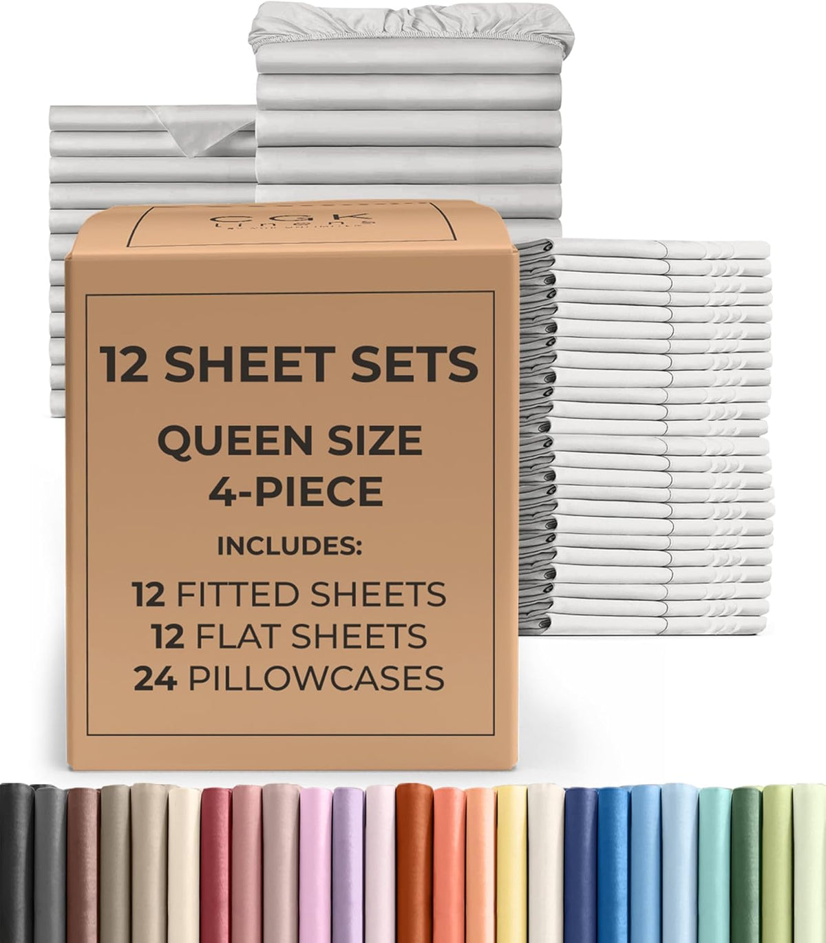 Bulk Case Pack of 12 Sheet Sets - (12) Complete Queen Size Sheet Sets with Deep Pockets - Wholesale Bulk Bedding for Hotels, Spas & Airbnbs - Breathable, Cooling & Wrinkle Free - (Queen, French Grey)