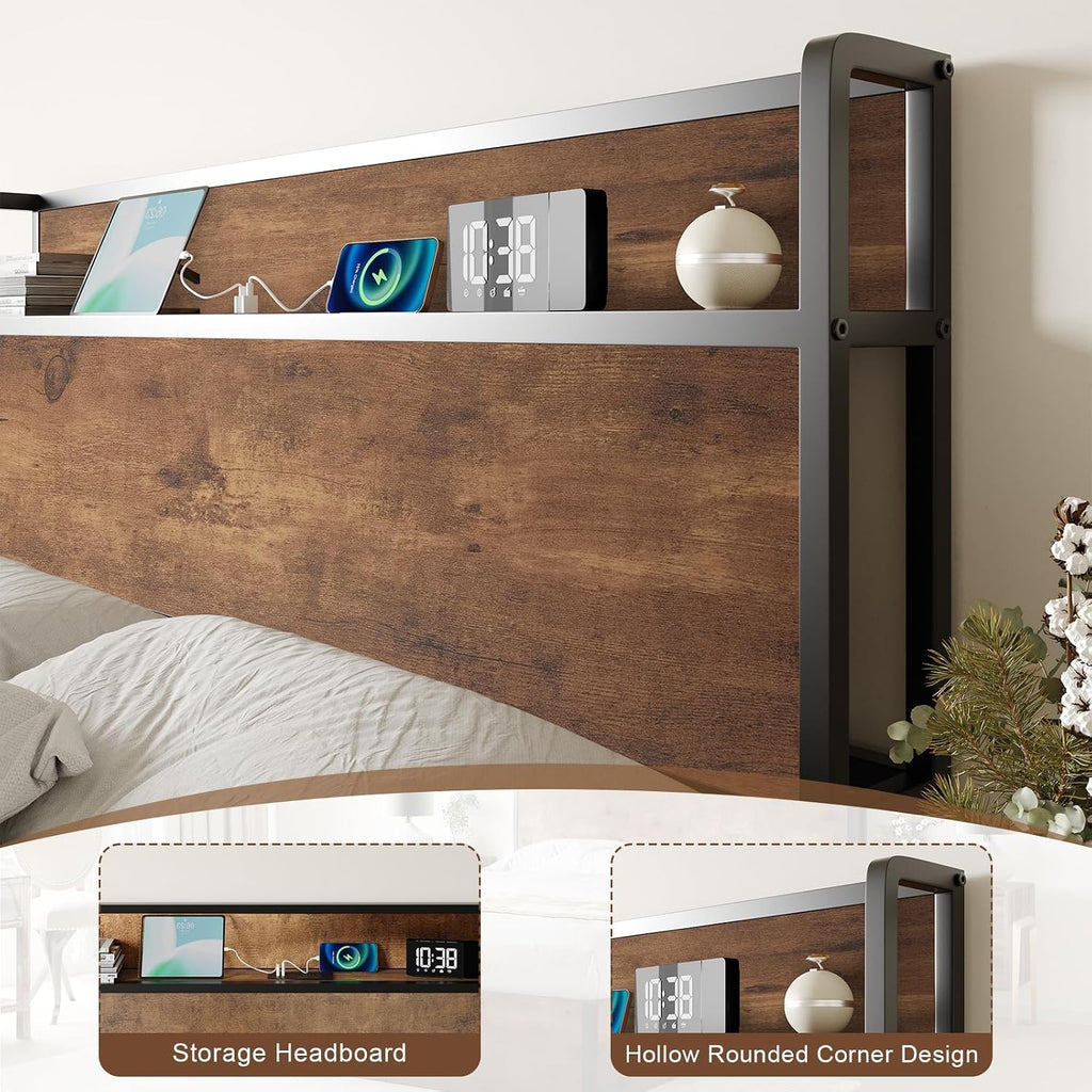 AMERLIFE Full Size Lift Up Storage Bed Frame, Wooden Platform Bed Frame with Lifting Storage & Charging Station, No Spring Box Needed/Noise Free, Rustic Brown