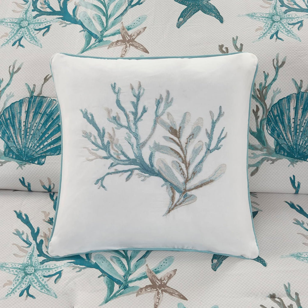 Madison Park Pebble Beach Cotton Duvet Set - Coastal, Starfish, Sealife Design, All Season, Breathable Comforter Cover Bedding, Matching Shams, Decorative Pillows, Aqua Full/Queen(90'x90') 6 Piece