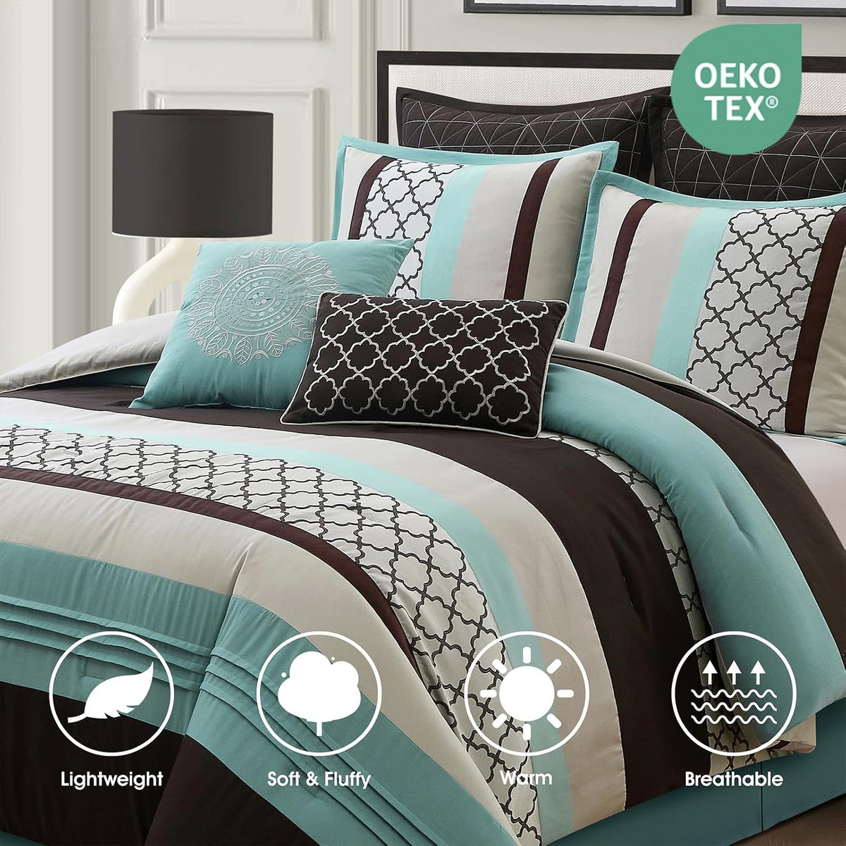 LANCO MODERN LIFESTYLE California King Comforter Set, Aqua Brown Bedding Set, Jacquard Woven with Embroidery, 8 Pieces Bed in a Bag, Bed Skirt, Shams and Decorative Pillows