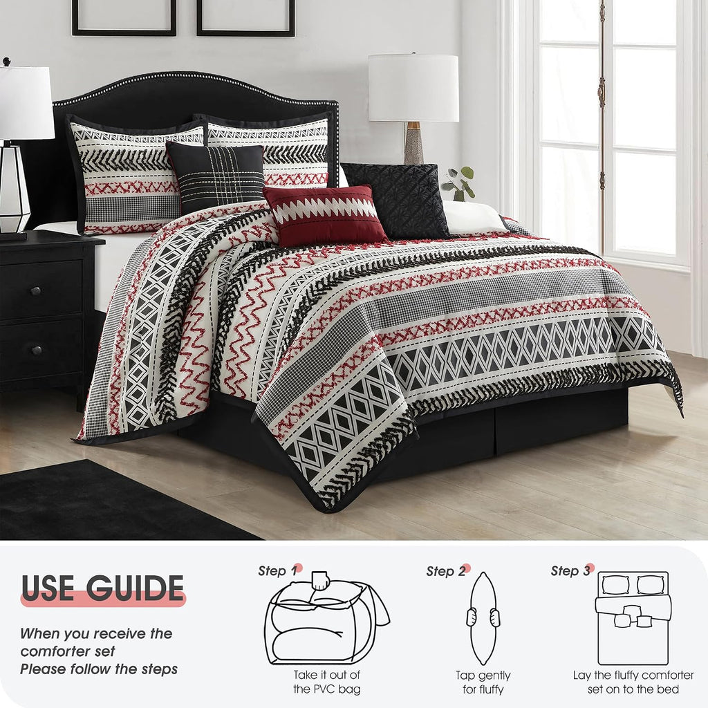 LANCO MODERN LIFESTYLE Queen Comforter Set 7 Piece, Black Red, Waffle Clipping and Sateen Jacquard Weave, Soft and Lightweight Bedding Set for All Seasons, Bedskirt, Shams and Decor Pillows