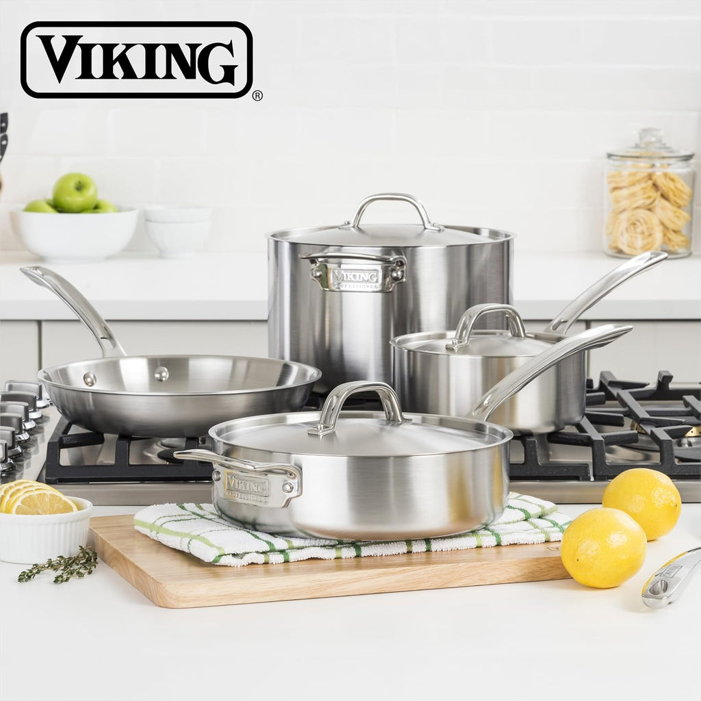 Viking 5-Ply Stainless Steel Casserole Pot with Lid, 3.4 Quart Cookware, Dishwasher and Oven Safe, Induction Ready, Satin Finish