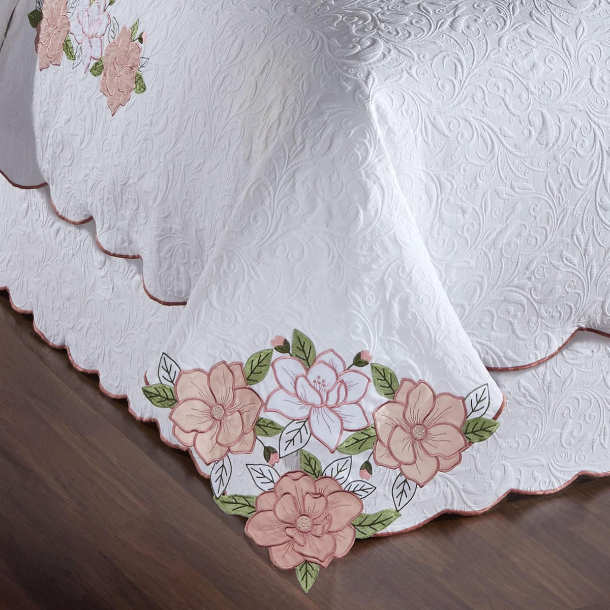 Lovington Floral Luxury Matelasse Bedding | Pink and White Velvet Flower Appliques | 7-Pc Textured Scroll Lightweight Bed Set: Oversized Queen Coverlet, Bedskirt, 2 Standard Shams, & 3 Accent Pillows