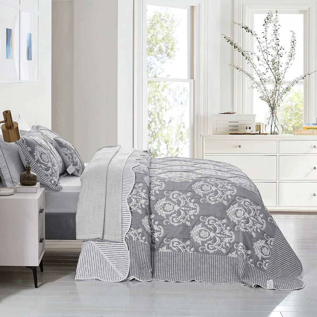 HZ & HY Oversized Queen Bedspread, Jacquard Matelasse Damask Pattern Design, Lightweight, Reversible, 5 Piece, 100% Microfiber, Queen, Grey