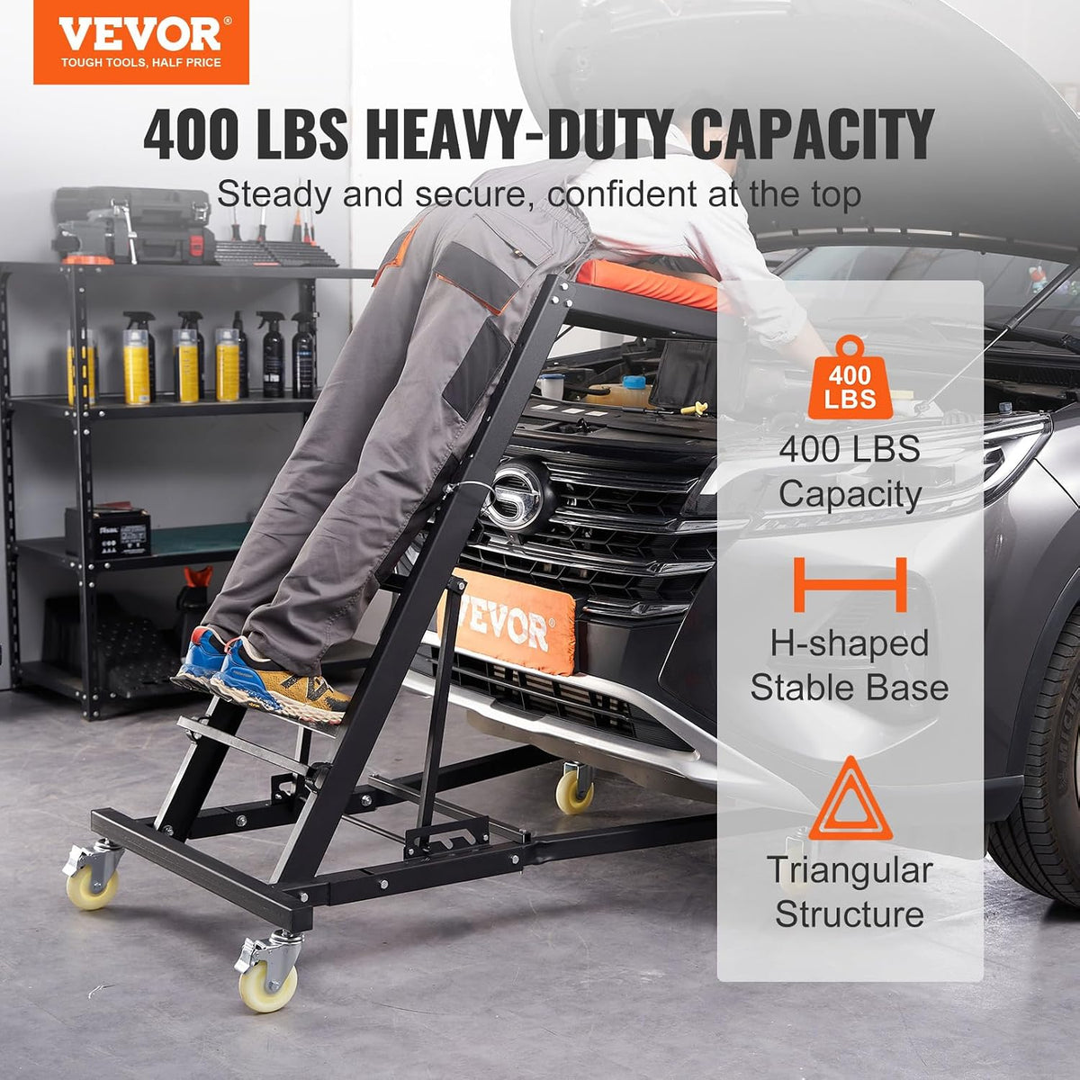 VEVOR Top Automotive Creeper, Engine Creeper 42.5'-64.8', 400 LBS Capacity High Top Creeper, 4 Swivel Caster Wheels, Padded Deck, Creeper for Home Garage, Workshop Repair Maintenance
