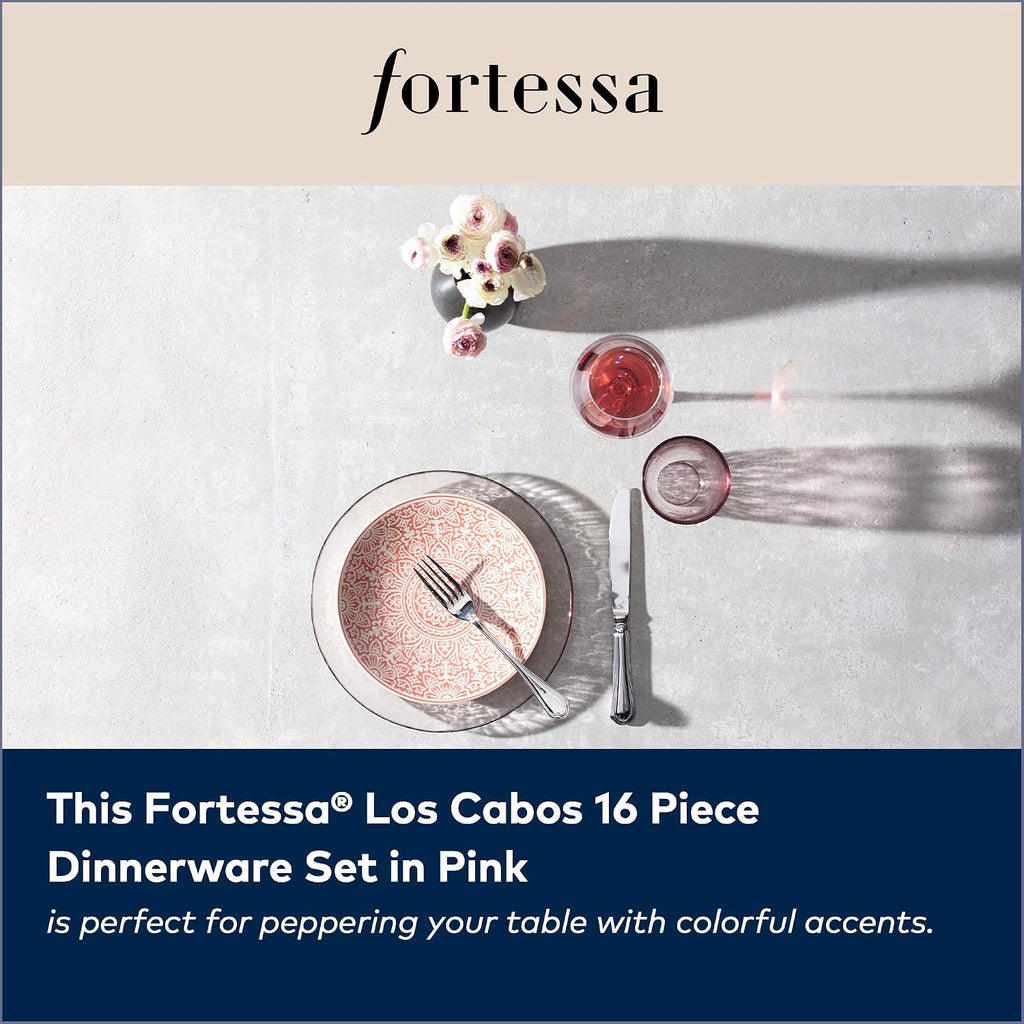 FORTESSA Los Cabos Tableware, 16-Piece Glass Dinnerware Set with 4 Dinner Plates, 4 Salad Plates, 4 Coupe Bowls and 4 Cereal Bowls, Dishwasher-Safe Glass Plate Set, Pink