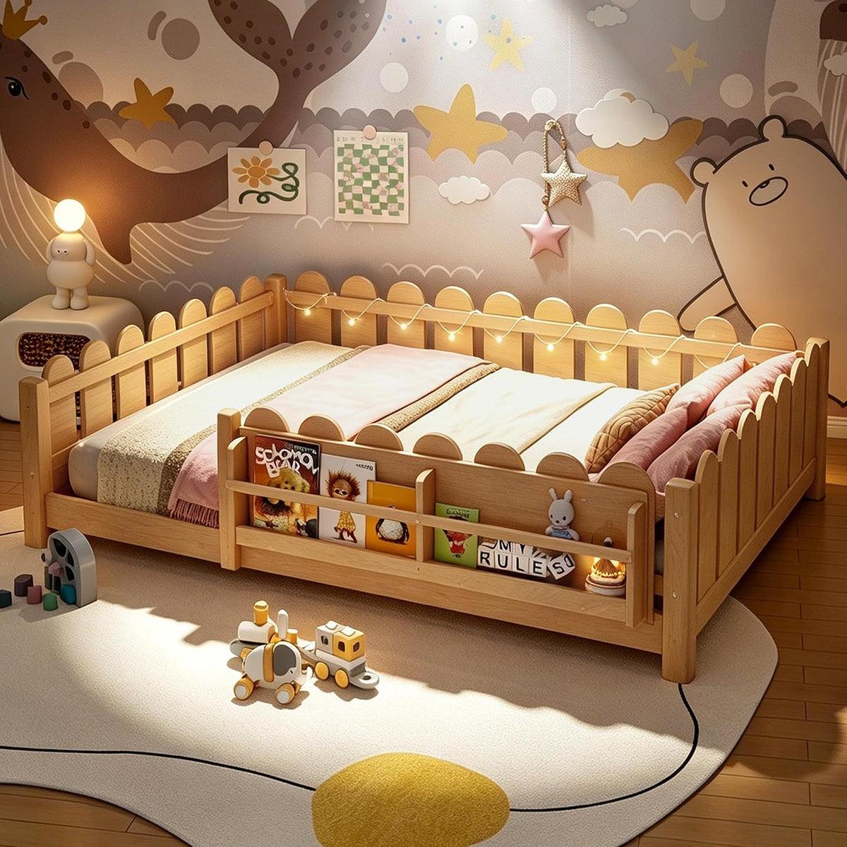 Bellemave Full Size Floor Bed with Rails and Slats, Full Size Montessori Floor Bed with Bookshelf, Fence and Lights, Low Profile Montessori Beds Frame for Girls, Boys, Light Natural