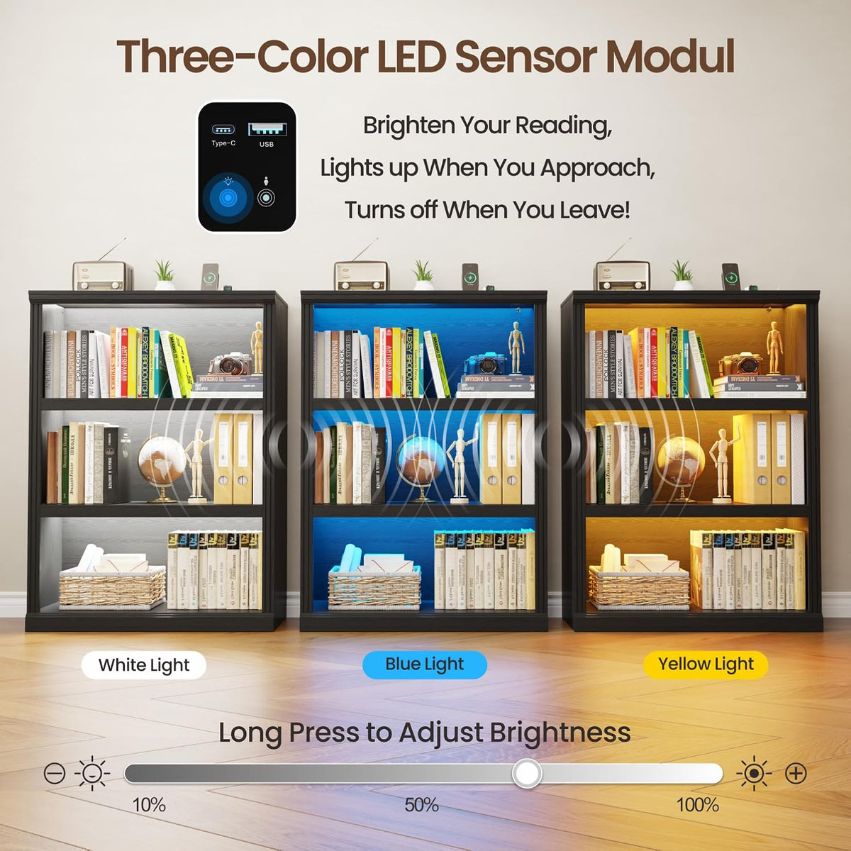 3-Tier LED Bookshelf with Motion Sensor Lights - USB Charging Module - Adjustable Modular Display Shelf 31.5 W x 43.3 H for Bedroom Living Room Home Office Gaming Room - Black