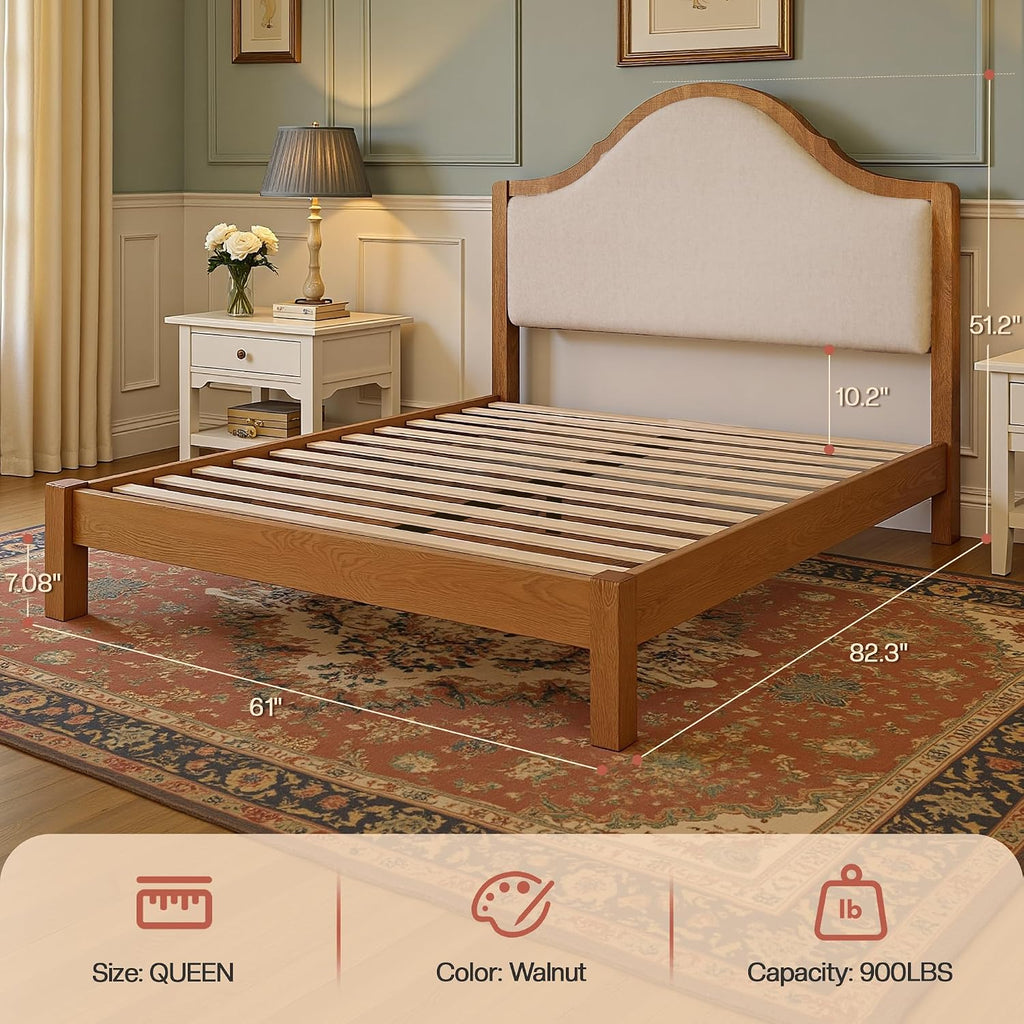Jocisland Wood Queen Size Bed Frame with Tall Upholstered Curved Headboard, Solid Wood Platform, No Box Spring Needed, Wood Slat Support, Walnut