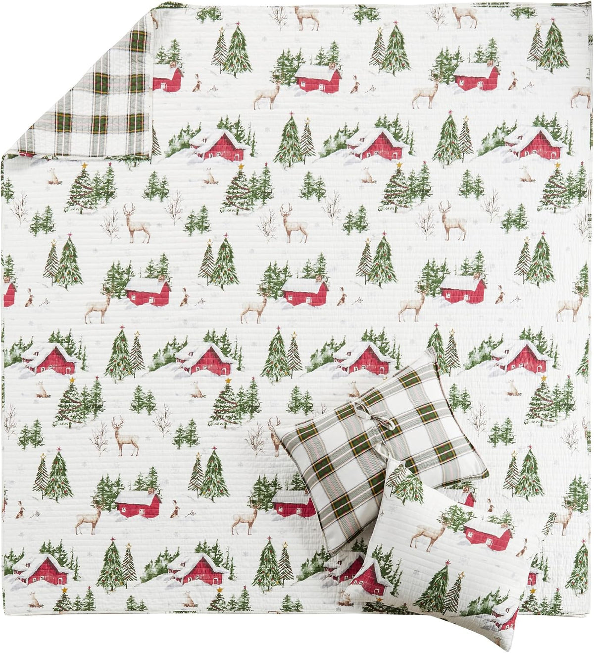 Levtex Home - Tatum Pines Quilt Set - Full/Queen Holiday Quilt 88x92 and Two Standard Shams 20x26 - Christmas Cabin - Red, Green, Brown and White - Reversible - Cotton
