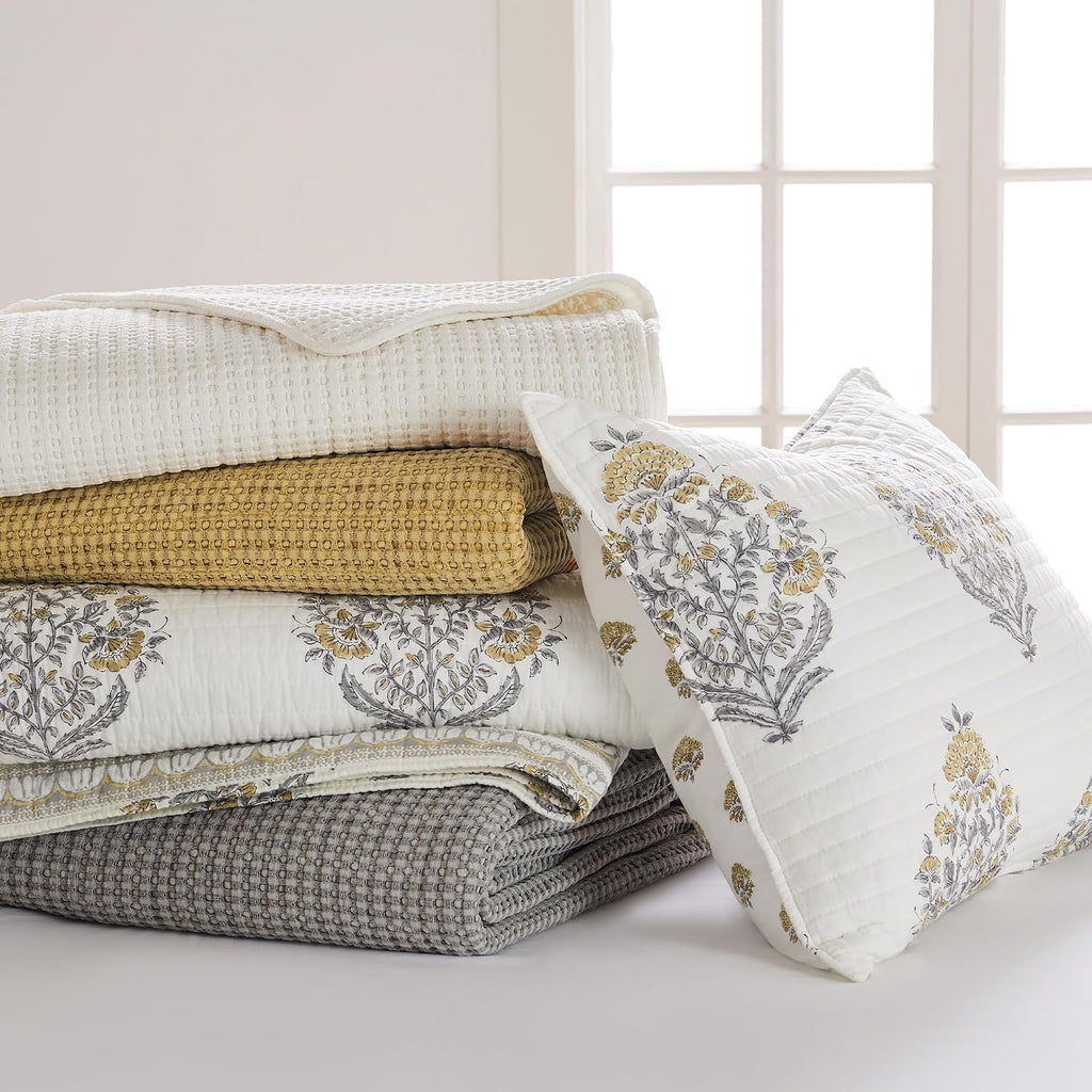 Levtex Home - Kamira Ochre Quilt Set - Full/Queen Quilt and Two Standard Shams - Bordered Floral - Ochre, Grey and Cream - Quilt (88x92in.) and Shams (20x26in.) - Reversible - Cotton