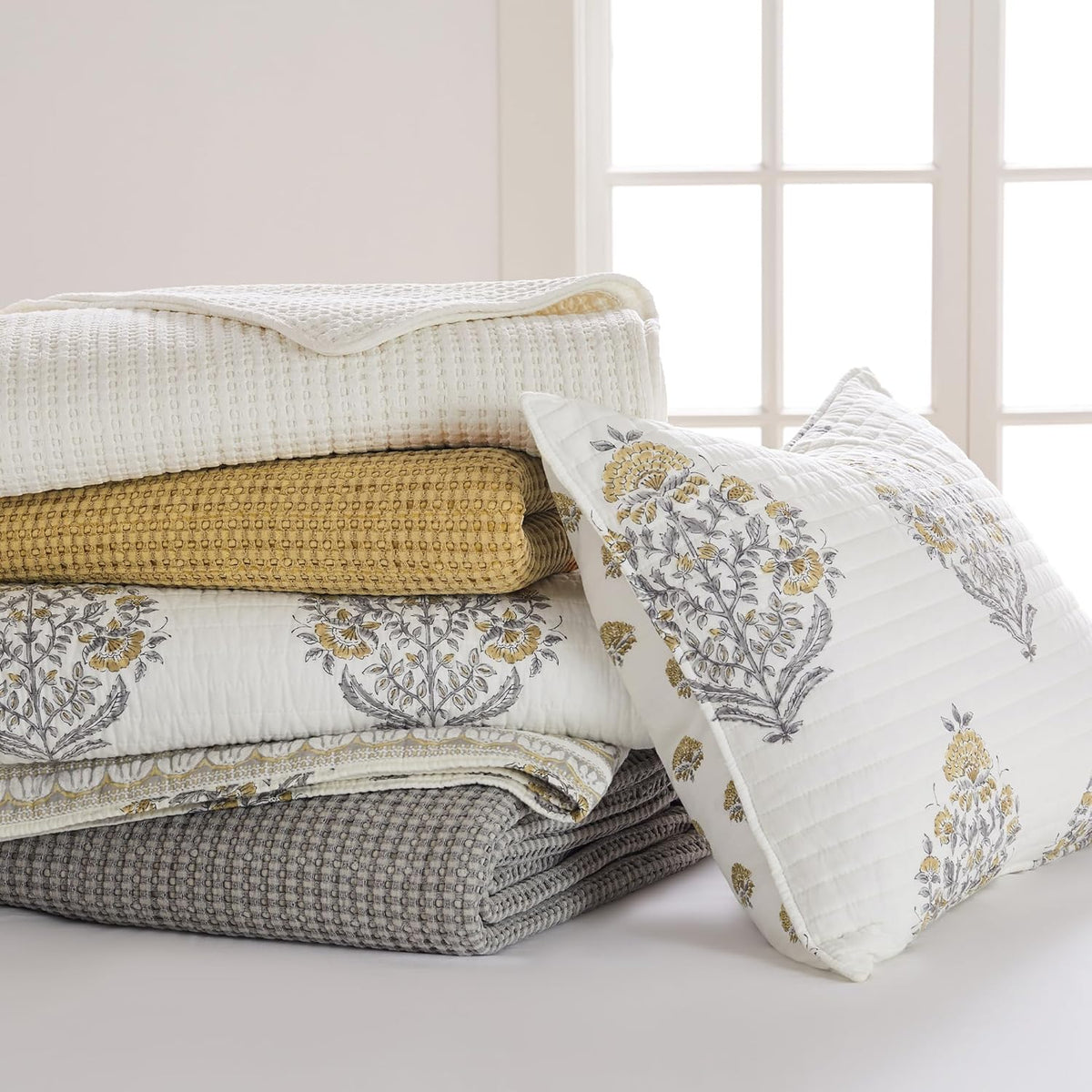 Levtex Home - Kamira Ochre Quilt Set - King Quilt and Two King Shams - Bordered Floral - Ochre, Grey and Cream - Quilt (106x92in.) and Shams (20x36in.) - Reversible - Cotton