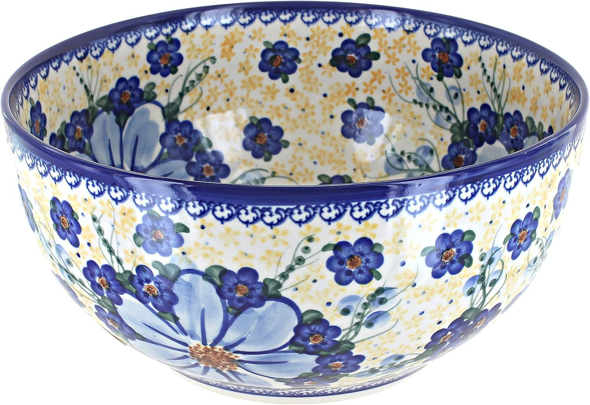 Blue Rose Polish Pottery - Blue Daisy Surprise Large Mixing Bowl - 10 Cup Capacity - Polish Pottery Ceramic Bowl for Baking, Mixing & Serving