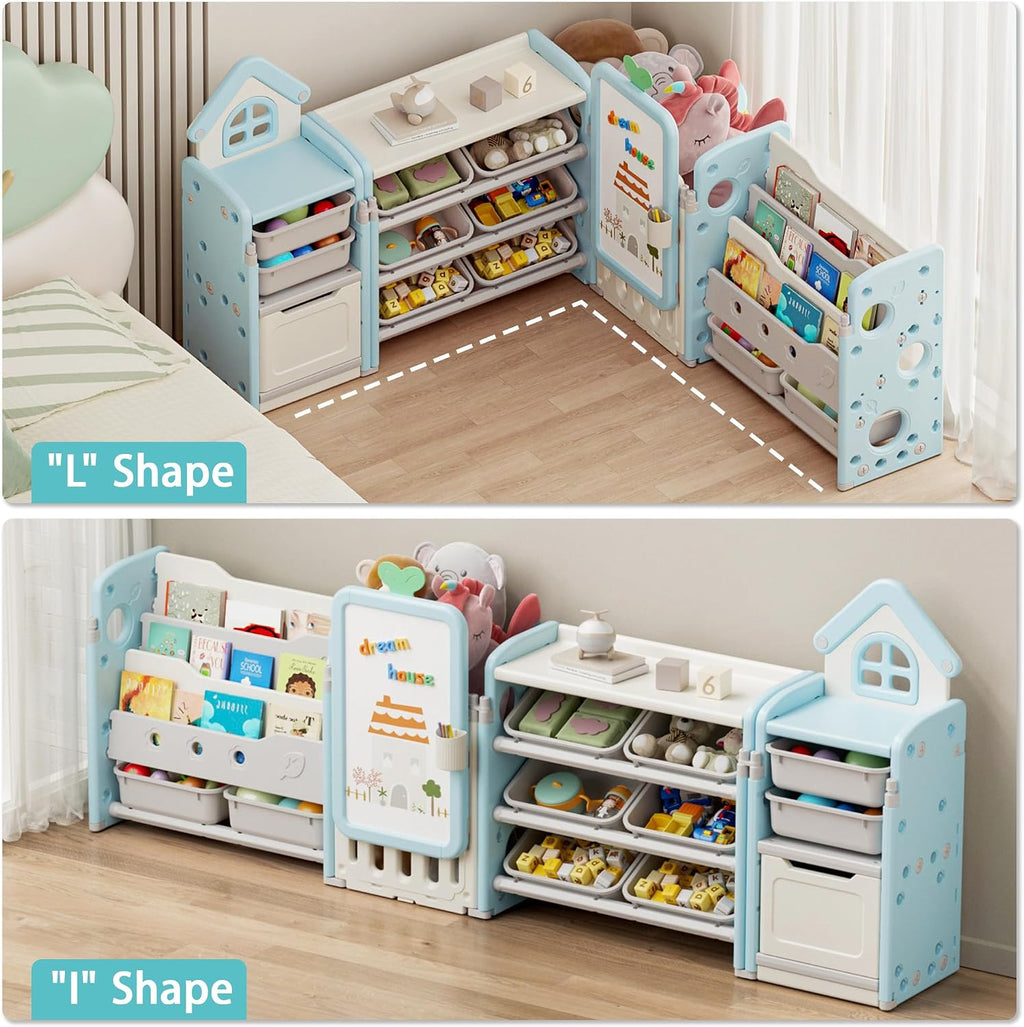 Kids Toy Storage Organizer with 10 Removable Bins, Foldable Toy Organizers and Storage with 3-Tier Bookshelf for Kids Toy Storage Organizer with Drawing Board, Extra 3 Brushes (4 In 1 Light Blue)