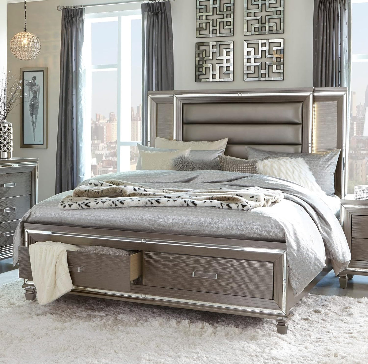 Glam Luxury Silver Gray Finish 3-Piece Bedroom Set King Size Platform Stoarge Bed and Two Nightstands Tufted LED Headboard Furniture