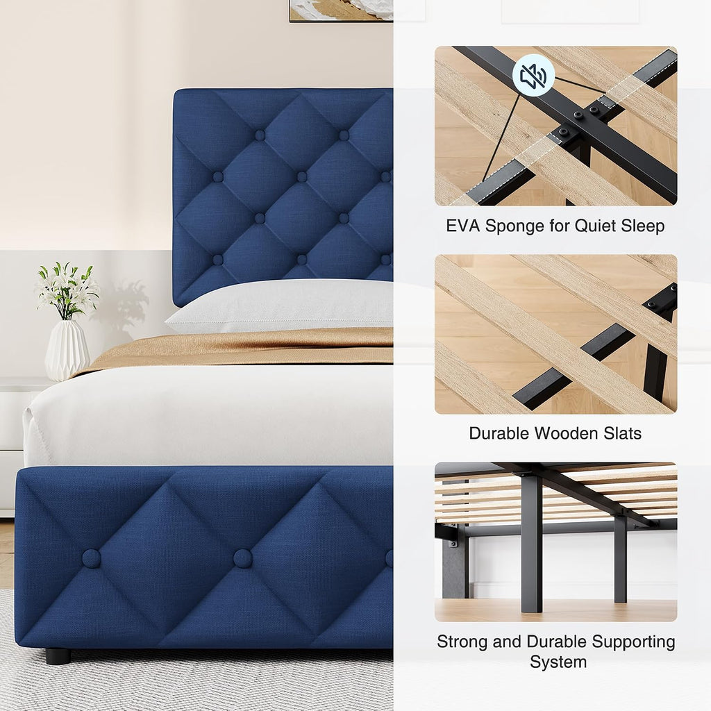 GarveeHome Queen Size Bed Frame with 4 Storage Drawers and Adjustable Headboard, Linen Upholstered Platform Beds, Diamond Stitched Button Tufted, No Box Spring Needed, Blue
