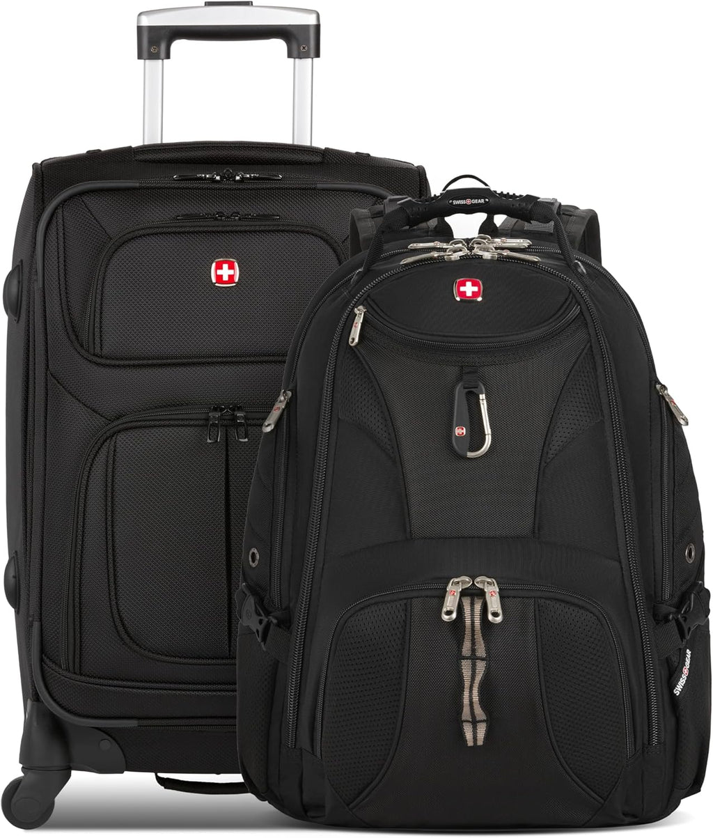 SWISSGEAR Sion 2-Piece Travel Set, Softside Expandable Carry-On Spinner Bundled with 1900 ScanSmart 17' Laptop Backpack with RFID Blocking & Tech Organization, Black