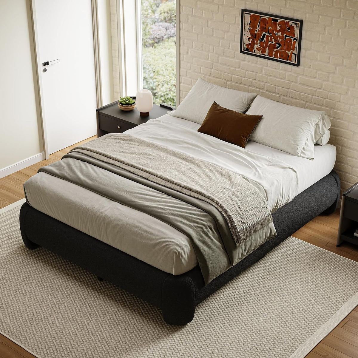 Cloud Platform Bed Frame Queen Size, Soft Boucle Bed Frame with Round Corner, Upholstered Queen Bed Frame with Heavy Duty Wood Slat, No Box Spring Needed, Easy Assembly, Black