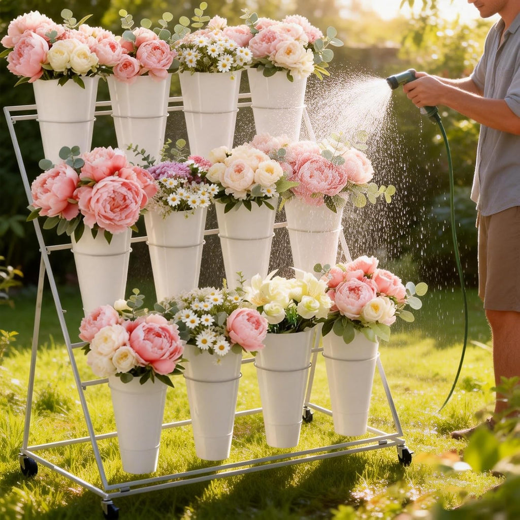 Flower Display Stand with 12 Buckets, 3 Layer Plant Stand with Wheels, Movable Plant Display Stand, Heavy Duty Moving Plant Cart Shelf for Indoor Outdoor