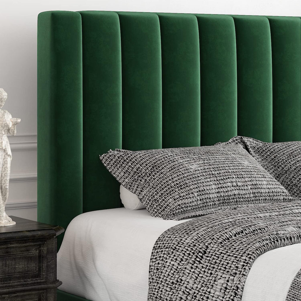 Allewie King Bed Frame/Velvet Upholstered Bed Frame with Vertical Channel Tufted Headboard/Strong Wooden Slats/Platform Bed Frame/Mattress Foundation/Box Spring Optional/Easy Assembly/Green