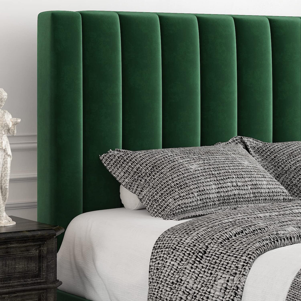 Allewie King Bed Frame/Velvet Upholstered Bed Frame with Vertical Channel Tufted Headboard/Strong Wooden Slats/Platform Bed Frame/Mattress Foundation/Box Spring Optional/Easy Assembly/Green