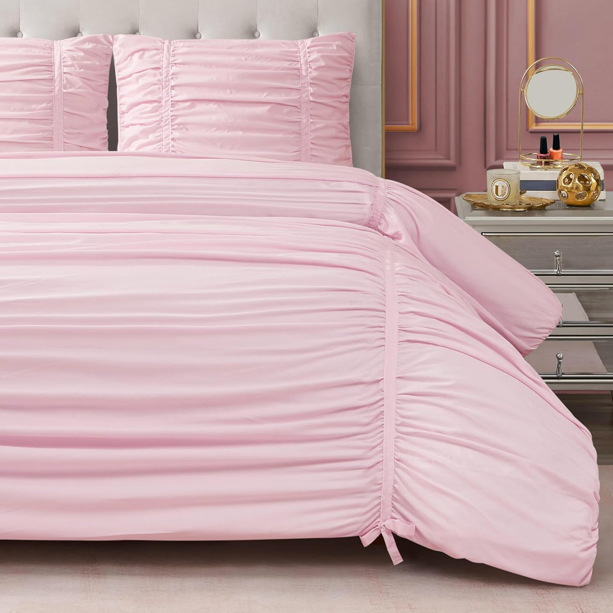 Juicy Couture Ribbon Ruched 3 Piece Full/Queen Comforter Set, Pink Marshmellow Bedding Ensemble