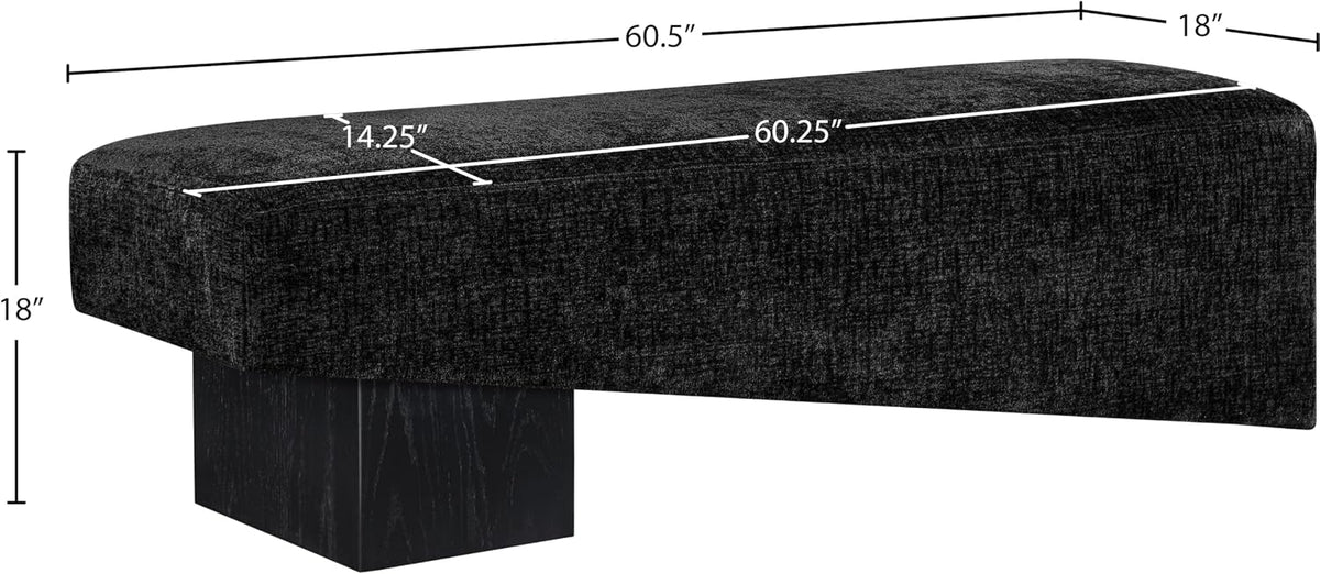Meridian Furniture 22058Black Alora Collection Art Deco Bench with Soft Polyester Fabric, Black Finish Solid Wood Frame, 60.5' W x 18' D x 18' H, Black