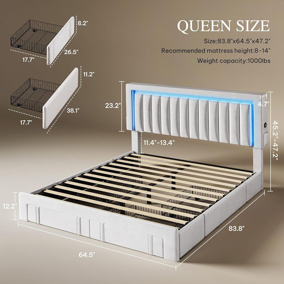 YITAHOME Queen Size Bed Frame with Adjustable Headboard, 4 Storage Drawers and RGB LED Lights, Velvet Upholstered Platform Bed with USB Ports, No Box Spring Needed, Fast Assembly, Noise-Free, White