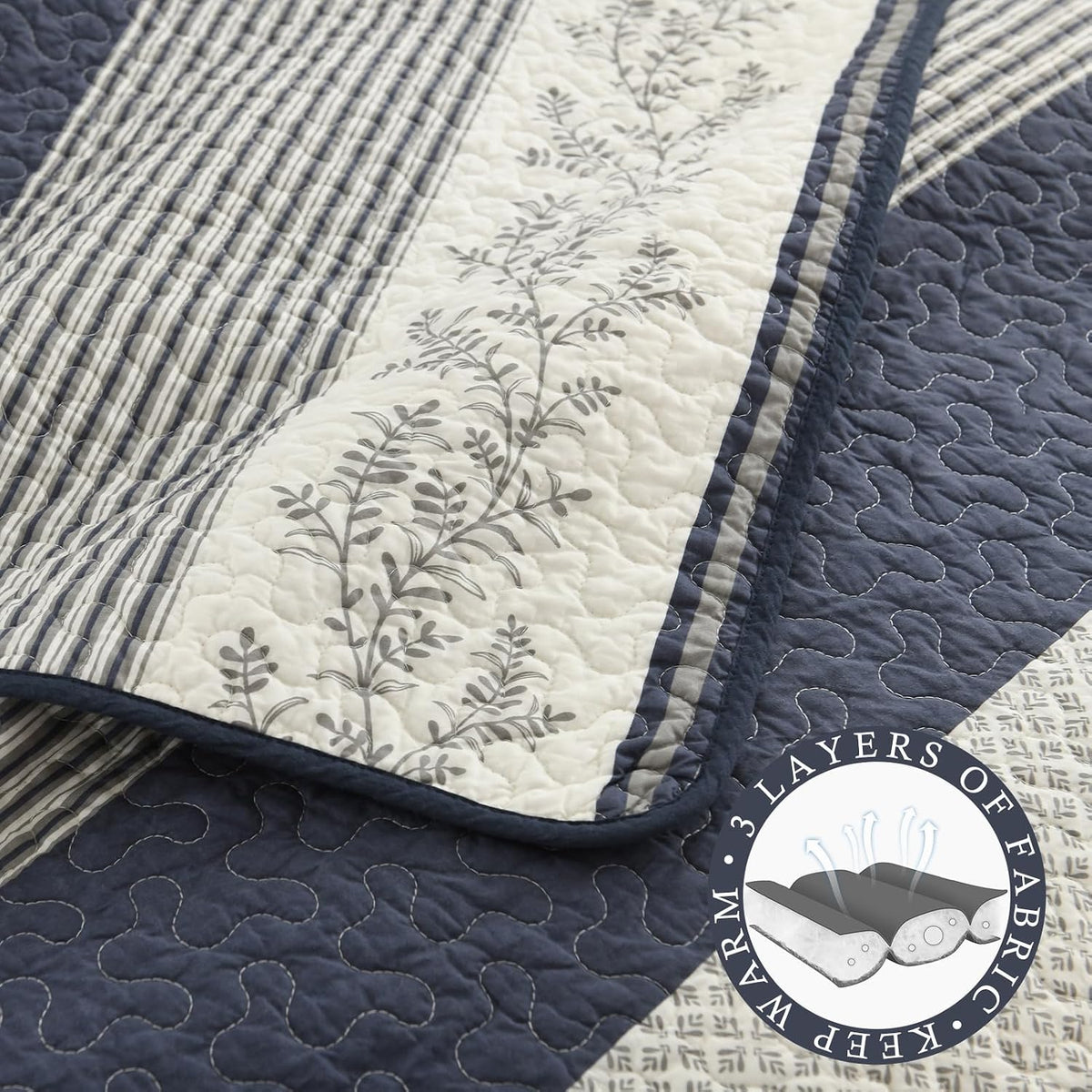 Stripe Queen Quilt Set - 100% Cotton Soft Lightweight 3 Pieces Bedding Set, Vintage Vine Pattern Quilted Bedspread with 2 Pillow Shams, Farmhouse Printed Coverlet for All Season, Navy/Gray