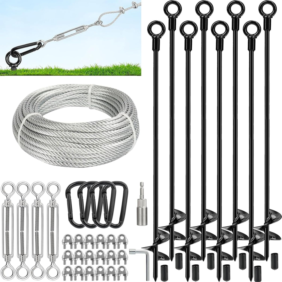 tinnmao 30'' Ground Anchors Kit Heavy Duty, Galvanized Steel Anchors with Cable & Turnbuckle, for Shed, Trailer, Mobile Home, Trampoline, Camping Tent, RV