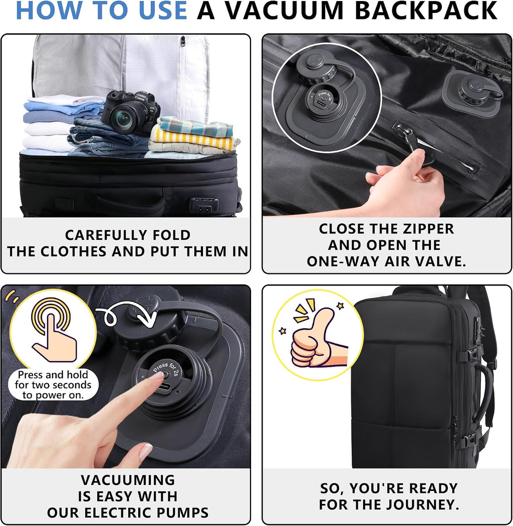 Vacuum Backpack Travel with Pump, Large 80L Exapandable Air Compression Vacuum System, Available Boarding, Carry on Luggage, Water Resistant, TSA Lock and Strong Sealing Airbag for Travel, Black