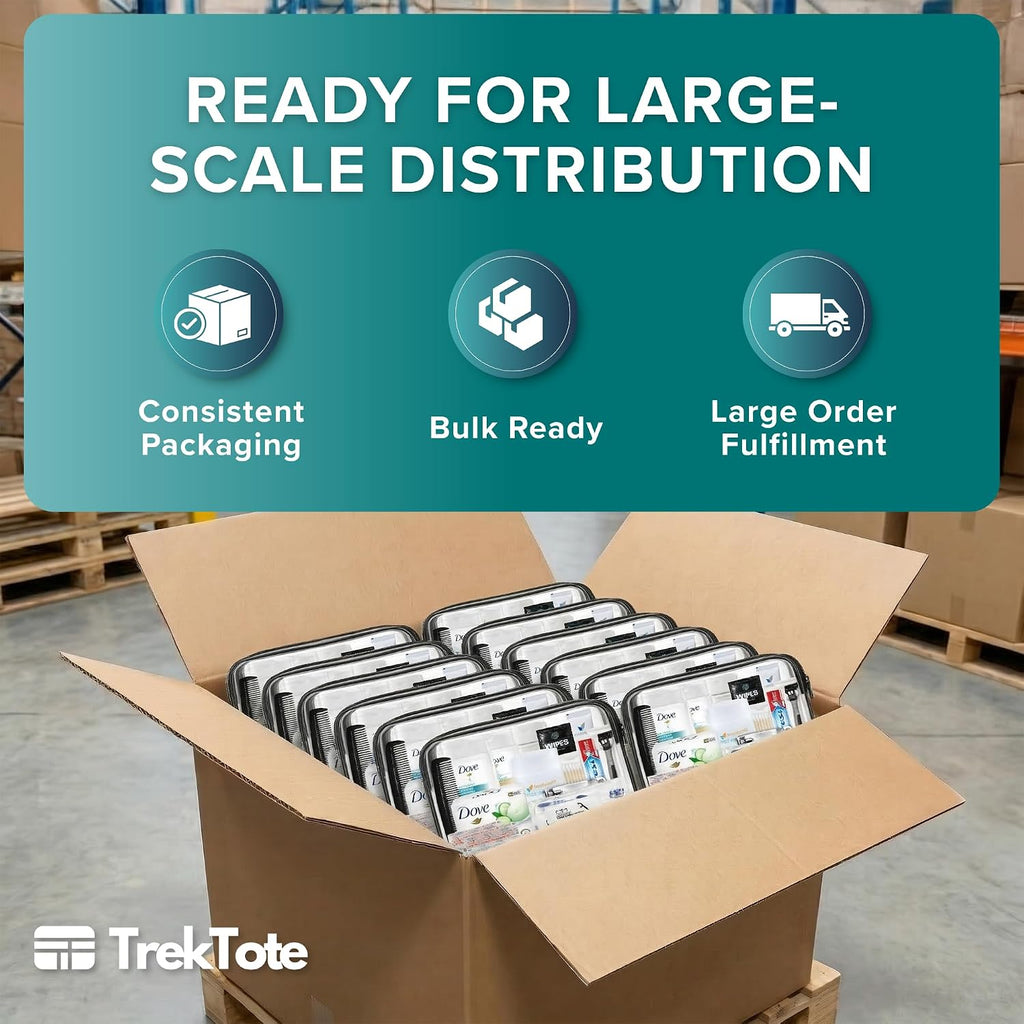 TrekTote Bulk 10 Piece Hygiene Kit Travel Size Toiletries Kit, Care Package, Mini Deodorant Shampoo Toothbrush Toothpaste, Clear Bag 25 Pack