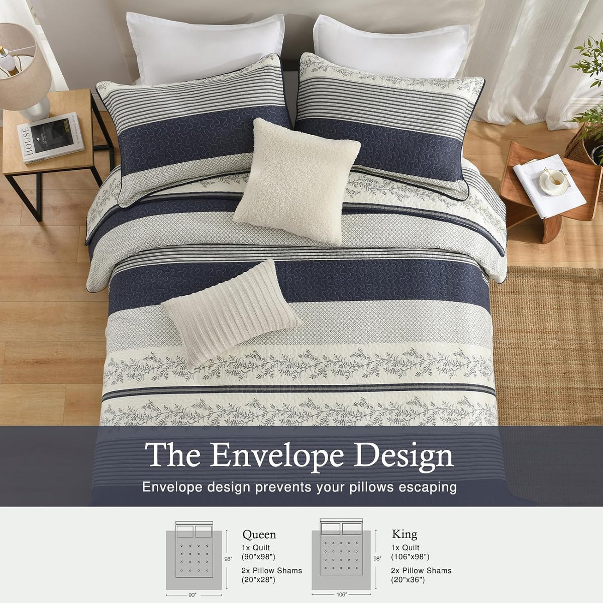 Stripe Quilt King Size - 100% Cotton Lightweight King Quilt Bedding Set, Vintage Vine Pattern Quilted Bedspread with 2 Pillow Shams, Farmhouse Printed Bed Coverlet for All Season, Navy/Gray