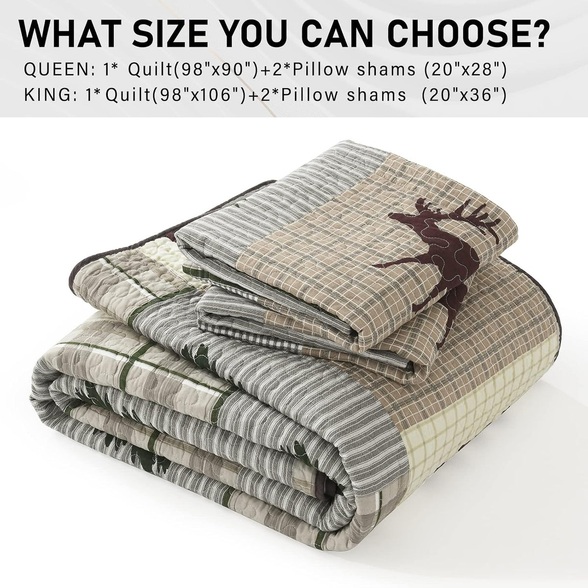 PERHOM Quilt King Size - 100% Cotton Lightweight Cabin Plaid King Quilt Bedding Set, Forest Tree Brown Bear Deer Patchwork Reversible Bedspread/Coverlet/Comforter Set with 2 Shams, 3PCS