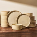 Stoneware Plates and Bowls Dishes Sets Service for 6 (18-Piece), Famiware Premium Handcrafted Reactive Glaze Dinnerware Set with Raised Rim, Scratch Resistant, Microwave Dishwasher Safe, Cream